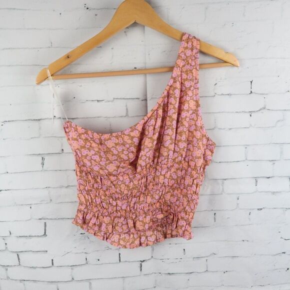 BP PINK & PURPLE FLORAL ONE SHOULDER SMOCKED CROP TOP SIZE SMALL NWT - Picture 6 of 7